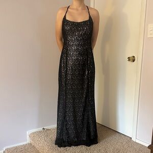 Jessica McClintock Elegant Black Sequin & Lace Evening Gown Prom Dress